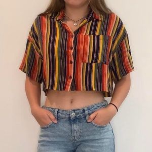 large rainbow striped cropped oversized polo shirt